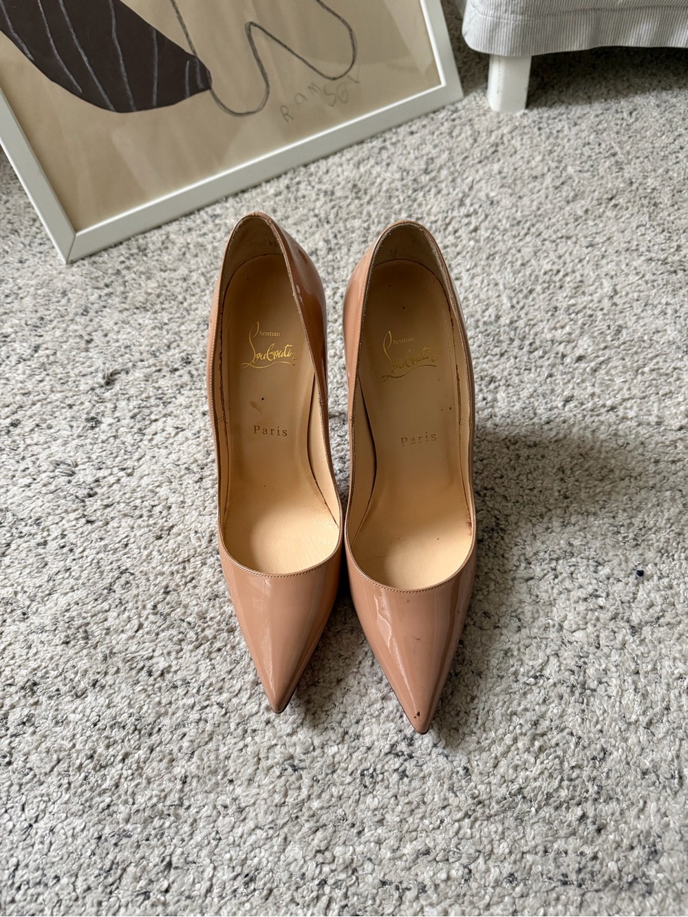 Christian Louboutin Patent Leather Pointed Toe Pumps in Nude Pink